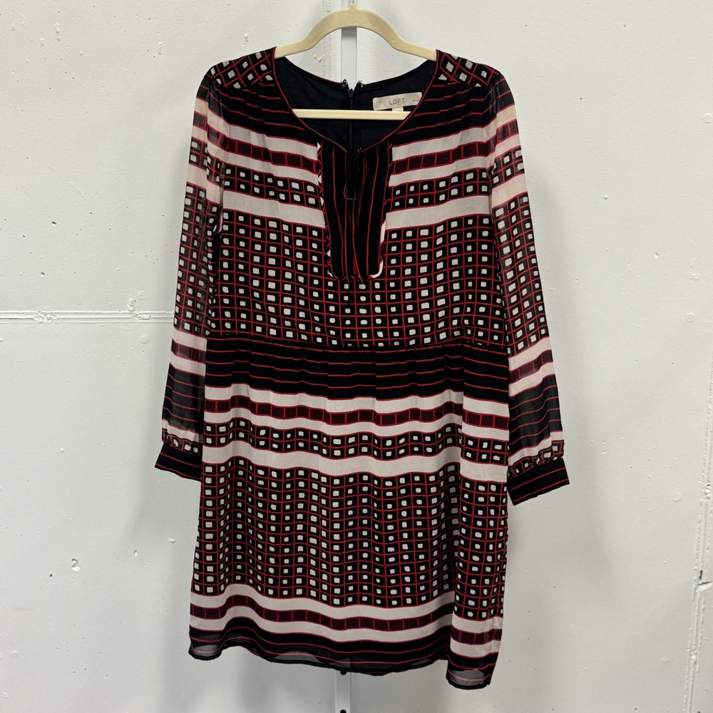 Ann Taylor LOFT Petites Geometric Tile Stripe Chiffon Dress Red Black White LP